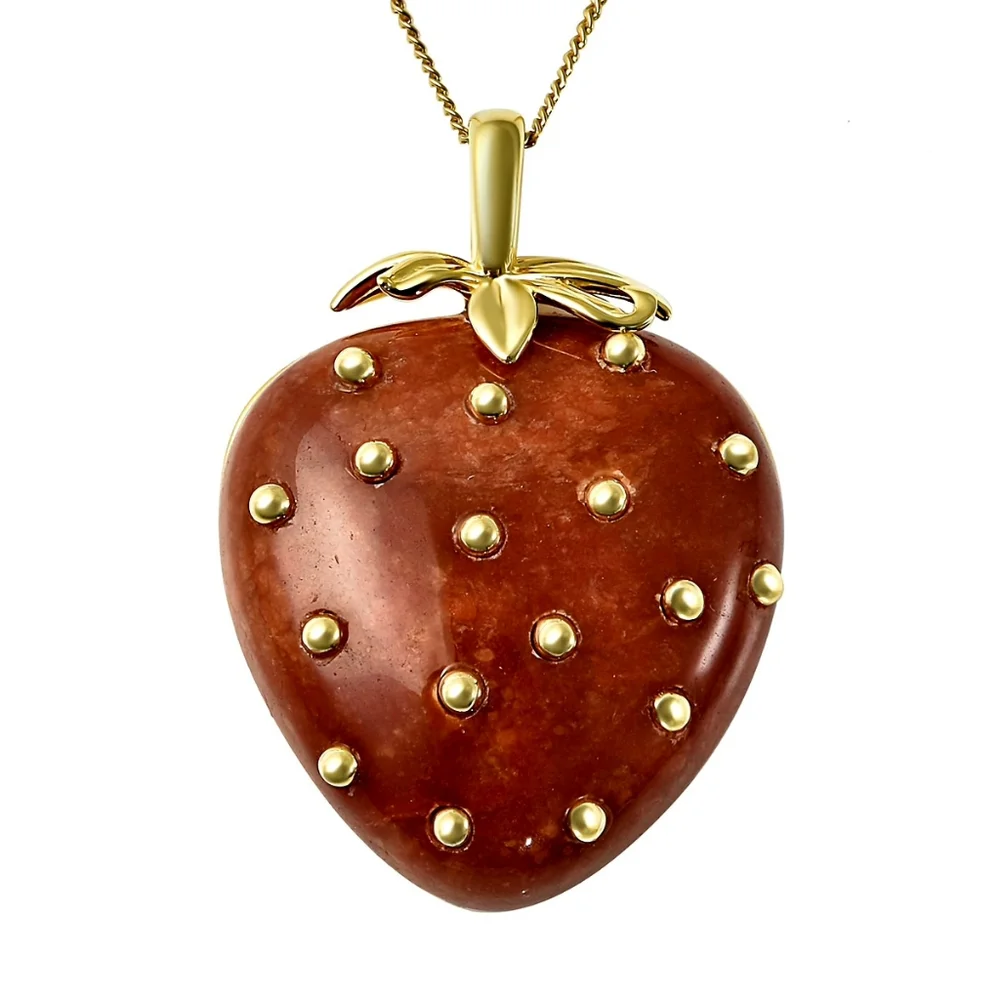 NWT RED JADE STRAWBERRY π PENDANT NECKLACE IN YELLOW GOLD OVER STERLING SILVER - Picture 1 of 6